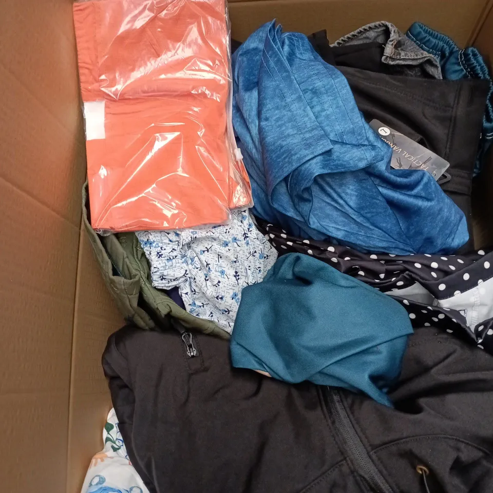 BOX OF APPROXIMATELY 20 ASSORTED CLOTHING ITEMS TO INCLUDE ZARA JEANS, TACTICAL VANGUARD BLACK TROUSERS, "SIMPLE" TROUSERS ETC