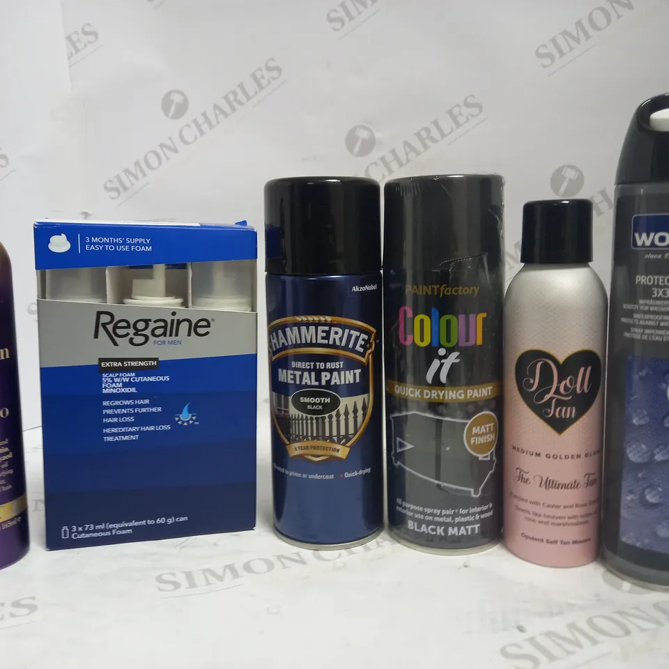 LOT OF APPROXIMATELY 20 ASSORTED AEROSOLS, TO INCLUDE REGAINE, PAINT, TAN SPRAY, ETC - COLLECTION ONLY