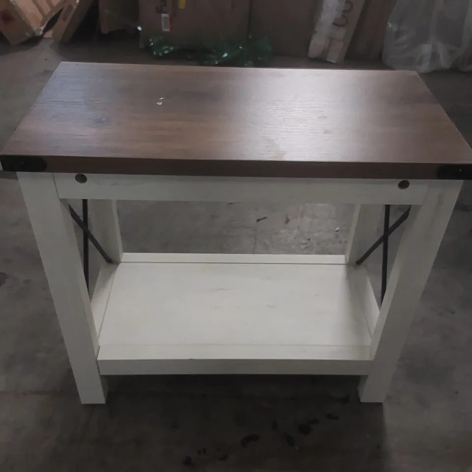 DESIGNER FARMHOUSE-STYLE WHITE AND BROWN TWO-TIER SIDE TABLE