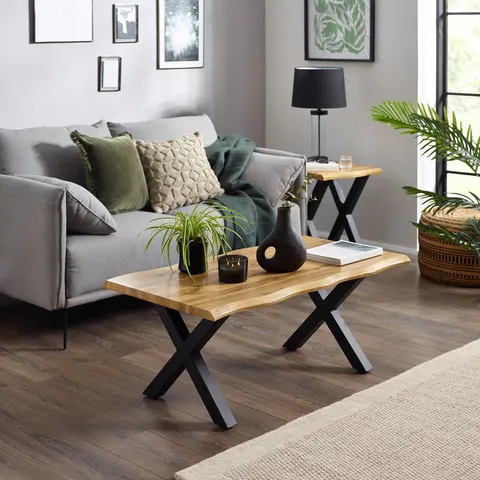 BOXED BATHAMPTON CROSS LEGS COFFEE TABLE - LIGHT OAK/BLACK (2 BOXES)
