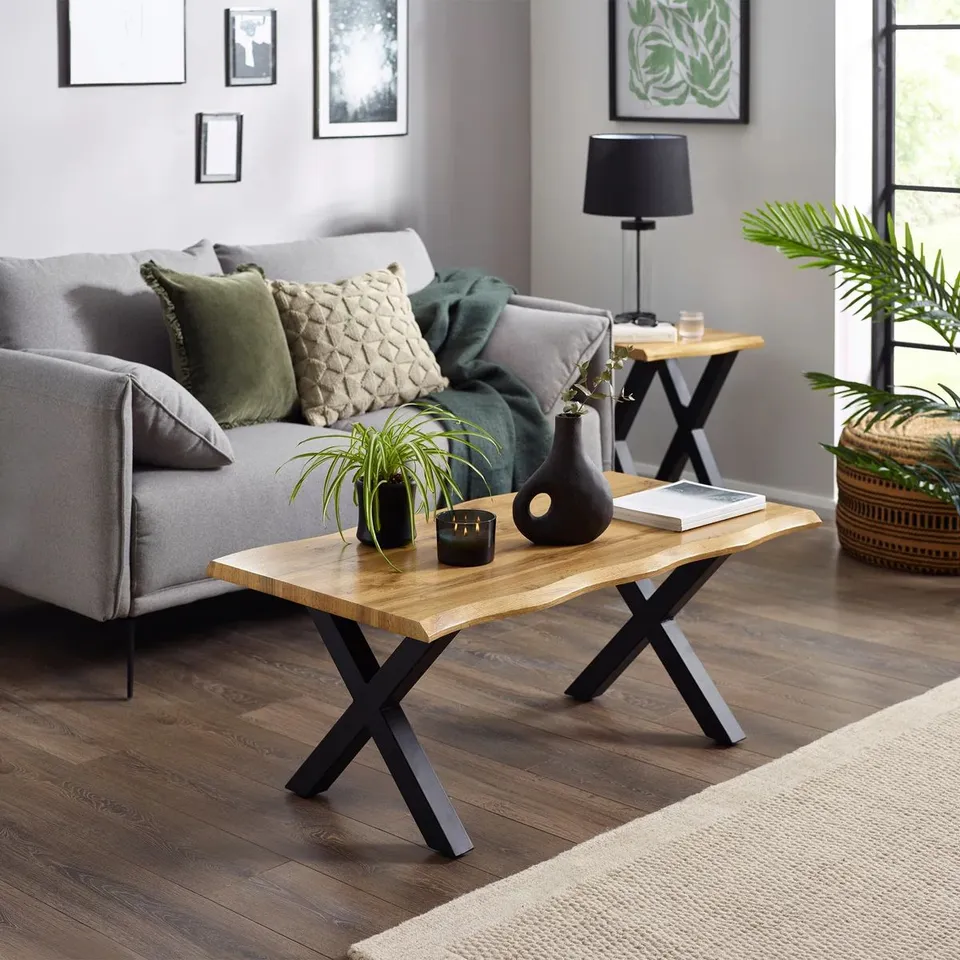 BOXED BATHAMPTON CROSS LEGS COFFEE TABLE - LIGHT OAK/BLACK (2 BOXES)