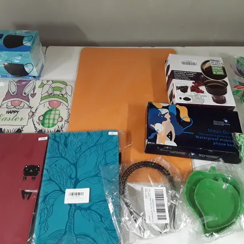 LARGE QUANTITY OF ASSORTED HOUSEHOLD ITEMS TO INCLUDE ALPHABET FRUIT ROOM DECORATIONS, IRON ON TRANSFERS, FILTERING FUNNEL AND TABLET CASES