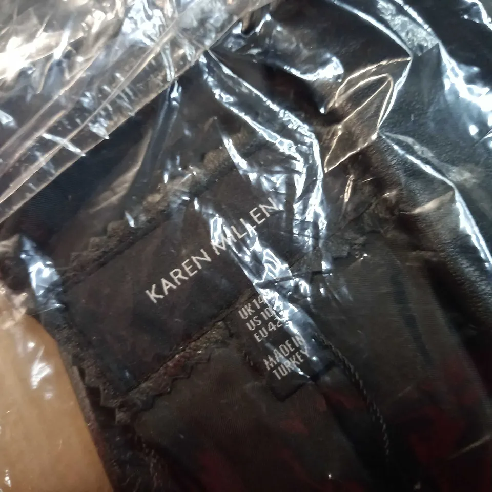 PACKAGED KAREN MILLEN BLACK LEATHER/GOLD BUTTON BLAZER - SIZE 14