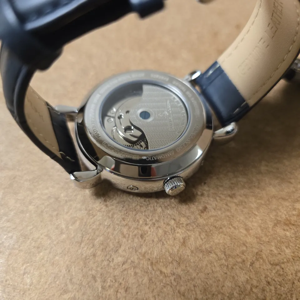 BOXED SAMUEL JOSEPH AUTOMATIC LIMITED EDITION SILVER WATCH WITH BLUE DIAL