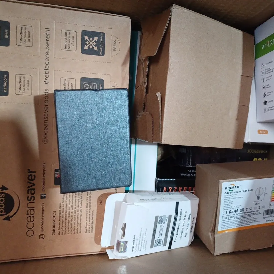 BOX OF APPROXIMATELY 10 ASSORTED HOUSEHOLD ITEMS TO INCLUDE BARKING CONTROL COLLAR, TWEEL ELECTRIC CALLOUS REMOVER, UNBRANDED ERGONOMIC MOUSE, ETC