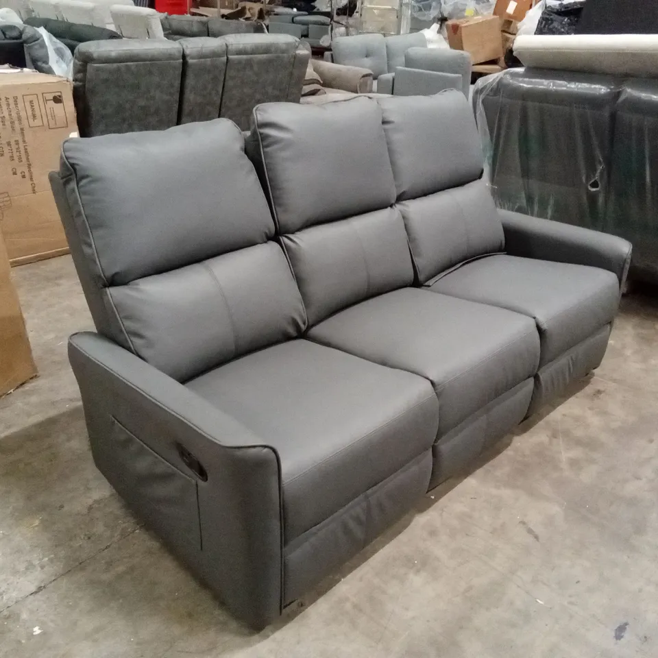 DESIGNER 3 SEATER GREY FAUX LEATHER MANUAL RECLINER SOFA