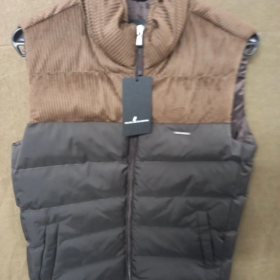 BRAND NEW MOSES KUSHNER TWO TEXTURE PADDED GILET IN BROWN/BLACK - 50
