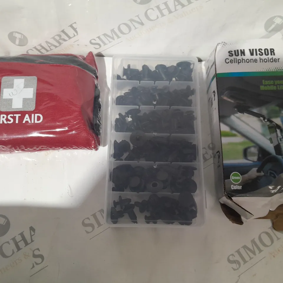 APPROX 10 AUTO ITEMS TO INCLUDE FIRST AID KIT, SCREWS, SUN VISOR PHONE HOLDER