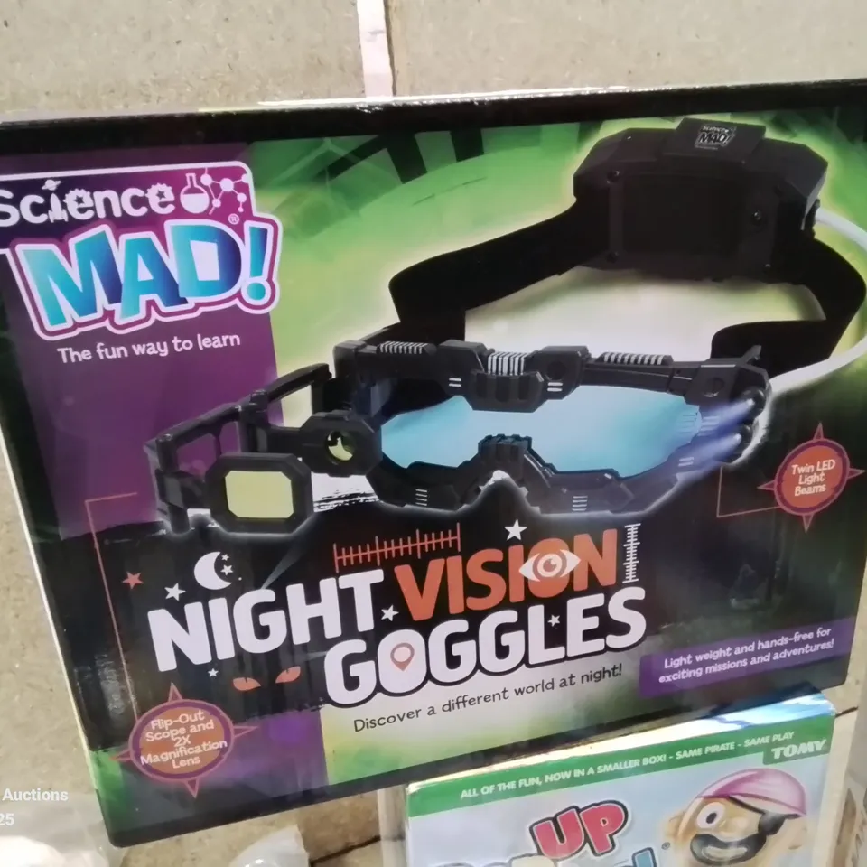 BOX CONTAINING APPROXIMATELY 10 TOYS AND OTHER ITEMS TO INCLUDE: DRESS UP SETS, WARDROBE DEHUMIDIFIER PACKS, SKY VIPER STUNT DRONE, UNO QUATTRO, NIGHT VISION GOGGLES ETC.