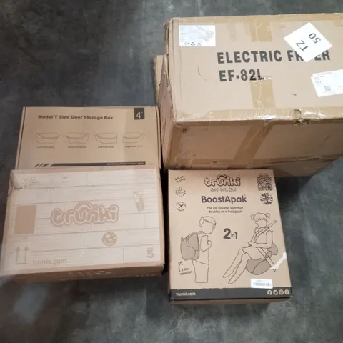 PALLET OF ASSORTED PRODUCTS INCLUDING TRUNKI KIDS SUITCASE, ELECTRIC FRYER, MODEL Y SIDE DOOR STORAGE BOX, TRUNKI CAR BOOSTER/BACKPACK 
