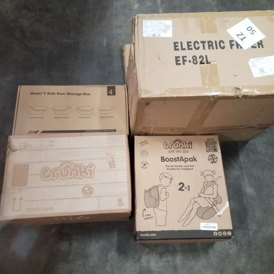 PALLET OF ASSORTED PRODUCTS INCLUDING TRUNKI KIDS SUITCASE, ELECTRIC FRYER, MODEL Y SIDE DOOR STORAGE BOX, TRUNKI CAR BOOSTER/BACKPACK