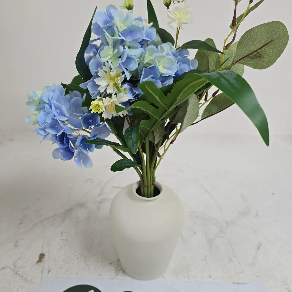 ARTIFICIAL BLUE HYDRANGEA FLORAL ARRANGEMENT IN WHITE CERAMIC VASE