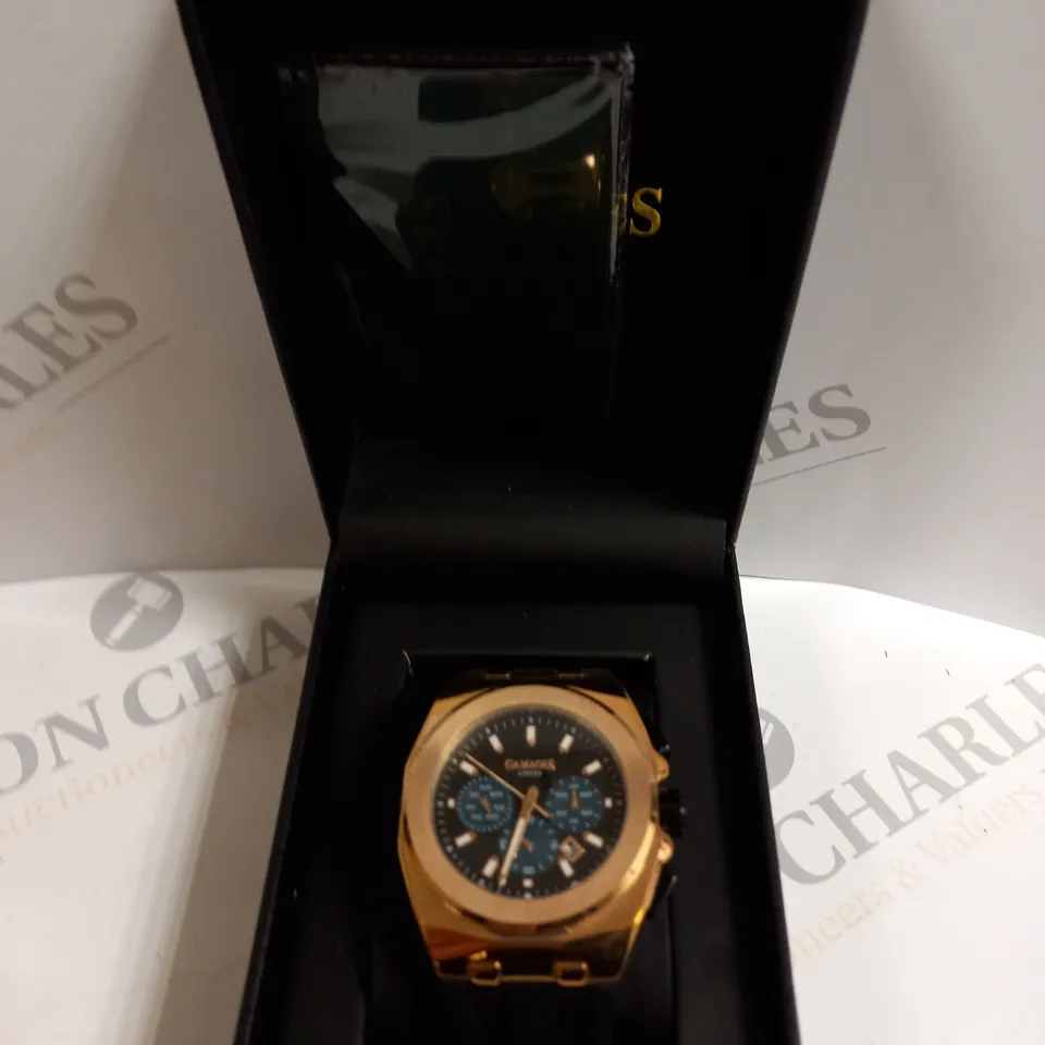 BOXED GAMAGES LONDON COMMANDER ROSE GOLD BLUE TEXTURED DIAL SILICONE STRAP WATCH