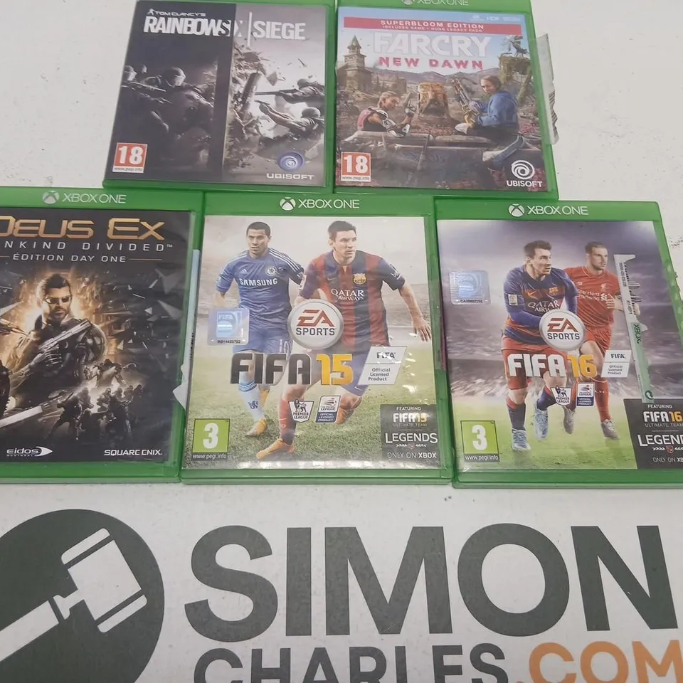 FIVE ASSORTED XBOX ONE GAMES TO INCLUDE – RAINBOW SIX SIEGE, FAR CRY NEW DAWN, DEUS EX: MANKIND DIVIDED, FIFA 15, FIFA 16