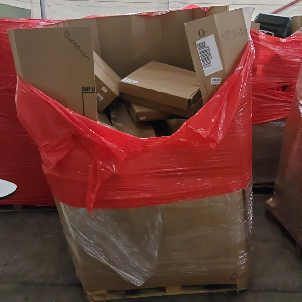 PALLET TO CONTAIN ASSORTED HOUSEHOLD ITEMS AND CONSUMER PRODUCTS. INCLUDING DISPENSERS WITH FLOOR STANDS, STAND MIXER, BED, TOY SWORD ETC