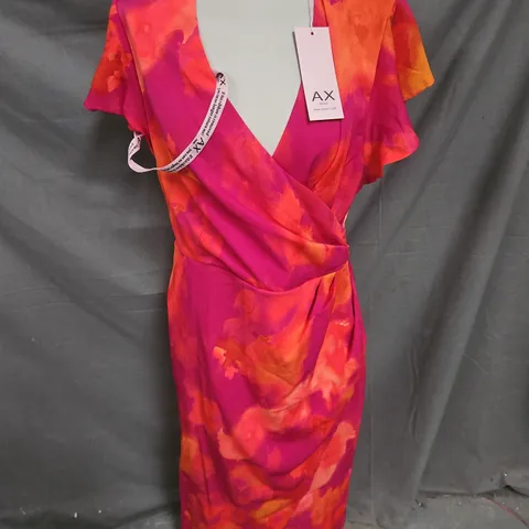 AX PARIS SMUDGE PRINT FLUTTER SLEEVE WRAP MIDI DRESS IN PINK/ORANGE SIZE 14