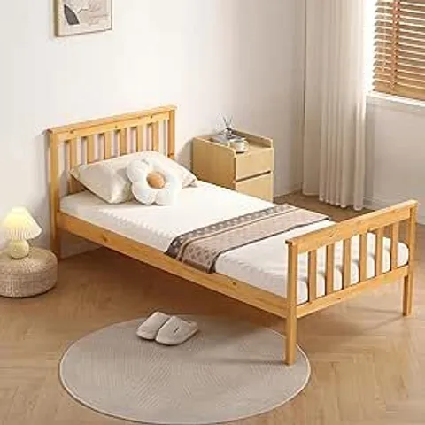 BOXED 3FT SINGLE BED FRAME, ATLANTIS STYLE WOODEN SINGLE BED FOR ADULTS KIDS TEENAGERS, HIGH FOOTBOARD, PINE WOOD, CARAMEL