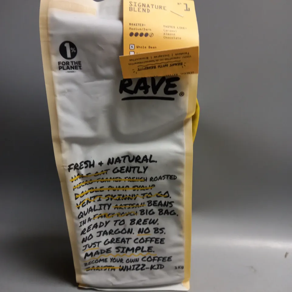 1KG BAG OF RAVE WHOLE COFFEE BEANS