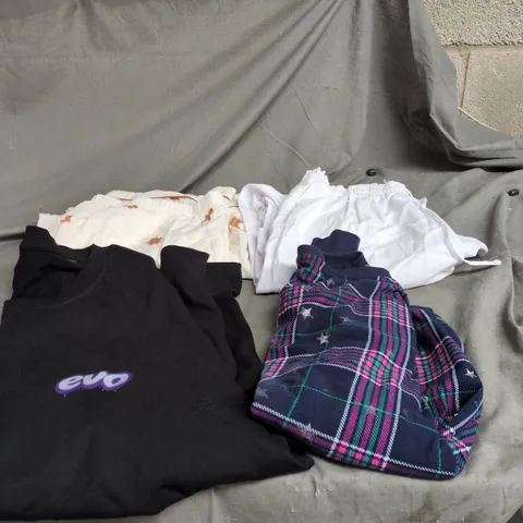 BOX OF APPROXIMATELY 18 ASSORTED CLOTHING ITEMS TO INCLUDE M&S LINEN TROUSERS, GINGERBREAD MEN TROUSERS, "EVO" T SHIRT, NIGHT WEAR TOP ETC