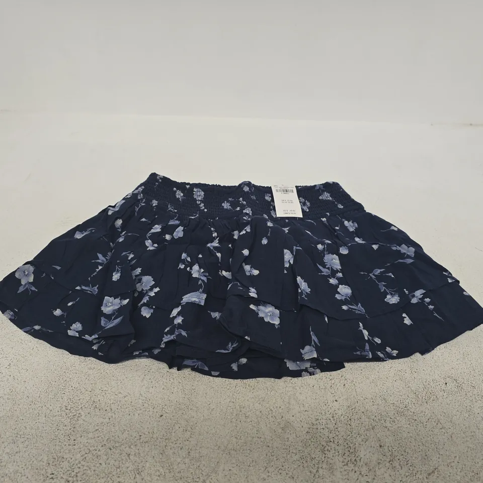 HOLLISTER WOMEN'S FLORAL PRINT SKIRT – NAVY, ELASTICATED WAIST, SIZE X SMALL