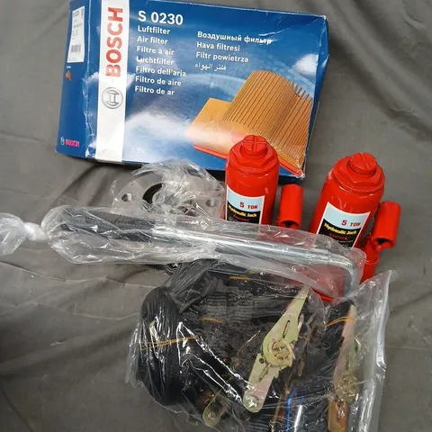 APPROXIMATELY 6 ASSORTED VEHICLE PARTS & ACCESORIES TO INCLUDE BOSCH S 0230 AIR FILTER, 5 TON HYDRAULIC JACK, RATCHET STRAPS, ETC