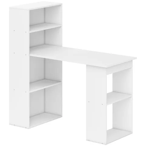 BOXED HOMCOM 120CM COMPUTER DESK, WOODEN PC LAPTOP TABLE WITH 6-TIER STORAGE BOOKSHELVES, HOME OFFICE WORKING STUDY DESK, WRITING WORKSTATION, WHITE (1 BOX)