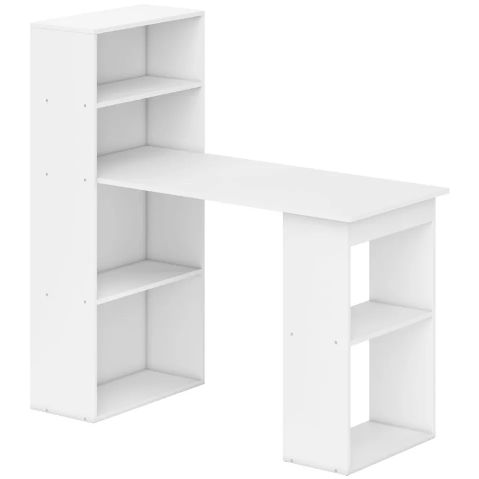 BOXED HOMCOM 120CM COMPUTER DESK, WOODEN PC LAPTOP TABLE WITH 6-TIER STORAGE BOOKSHELVES, HOME OFFICE WORKING STUDY DESK, WRITING WORKSTATION, WHITE (1 BOX)