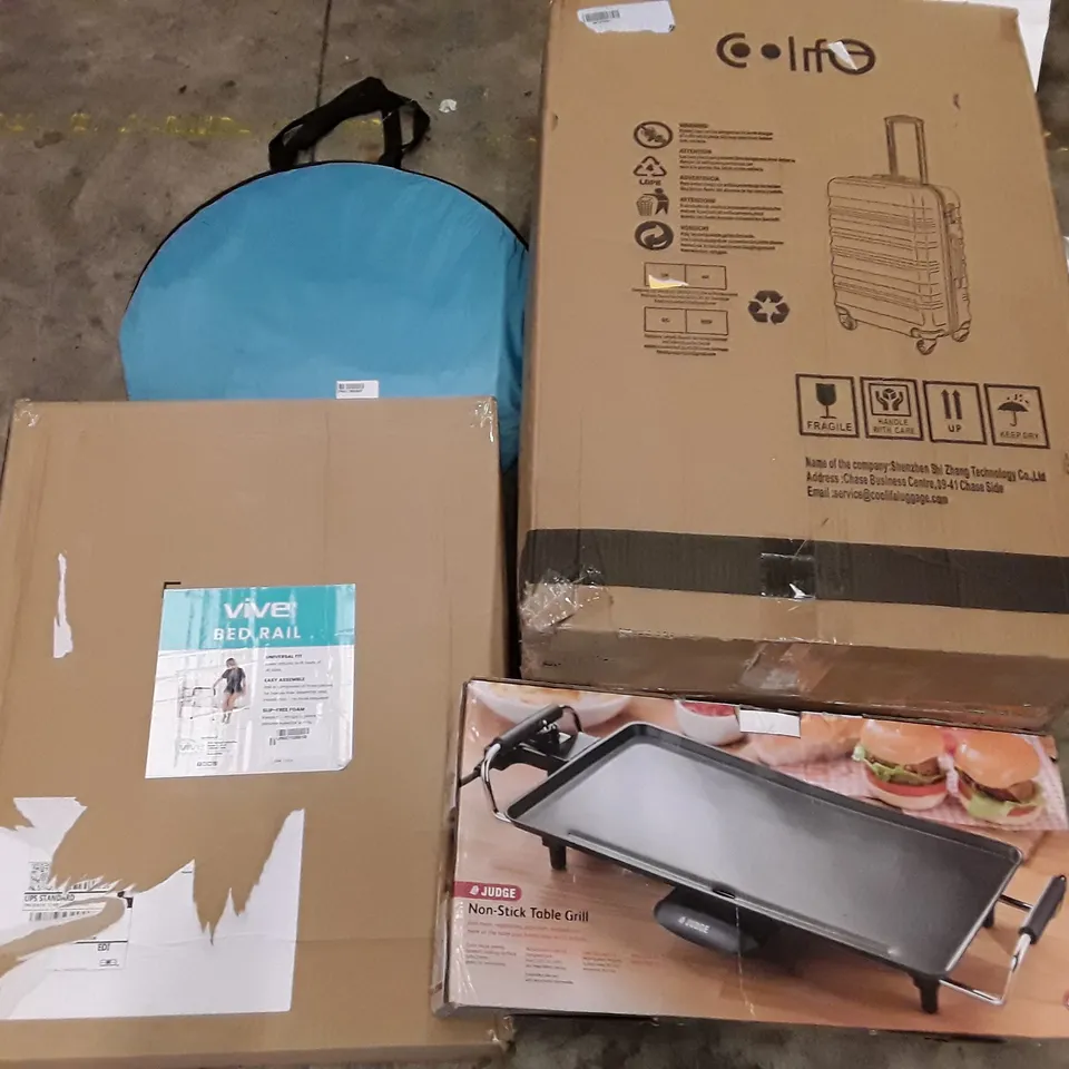 PALLET OF ASSORTED PRODUCTS INCLUDING NON-STICK TABLE GRILL, BED RAIL, POP UP TENT, COLIFE SUITCASE, GLASS MOUSEPAD