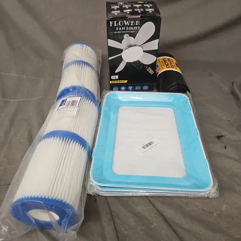 BOX OF APPROXIMATELY 12 ASSORTED HOUSEHOLD ITEMS TO INCLUDE - WATER TREATMENT FILTERS - FLOWER FAN LIGHT - HEAVY DUTY REFUSE SACKS - ETC