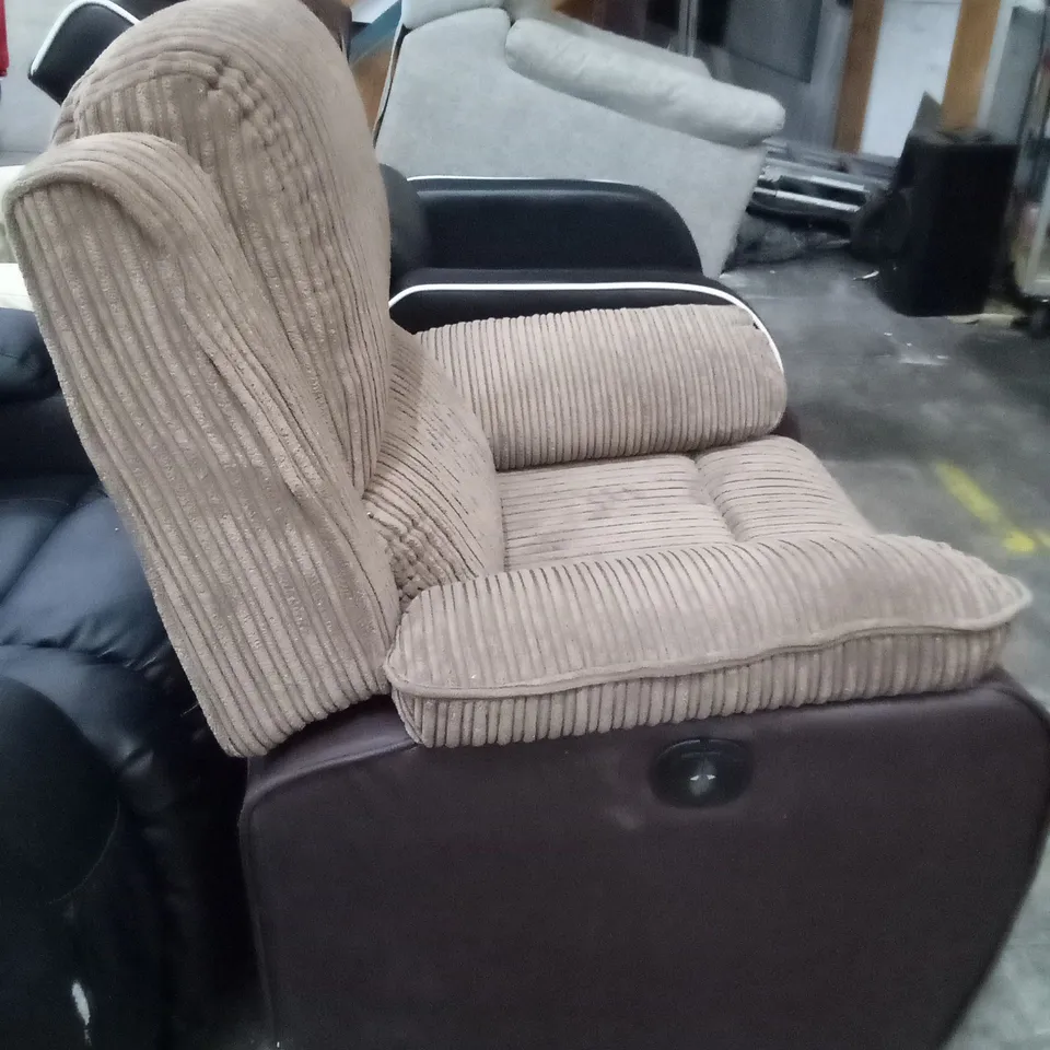 DESIGNER BROWN FABRIC/BROWN LEATHER ELECTRIC RECLINER CHAIR