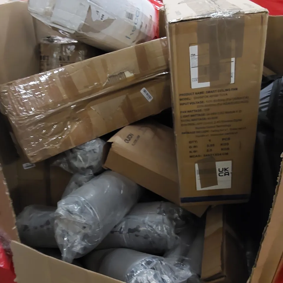 PALLET TO CONTAIN ASSORTED HOUSEHOLD ITEMS AND CONSUMER PRODUCTS. INCLUDING DOG BEDS, FLOOR LAMP, CEILING FAN WITH LIGHT, BOXED FURNITURE ETC