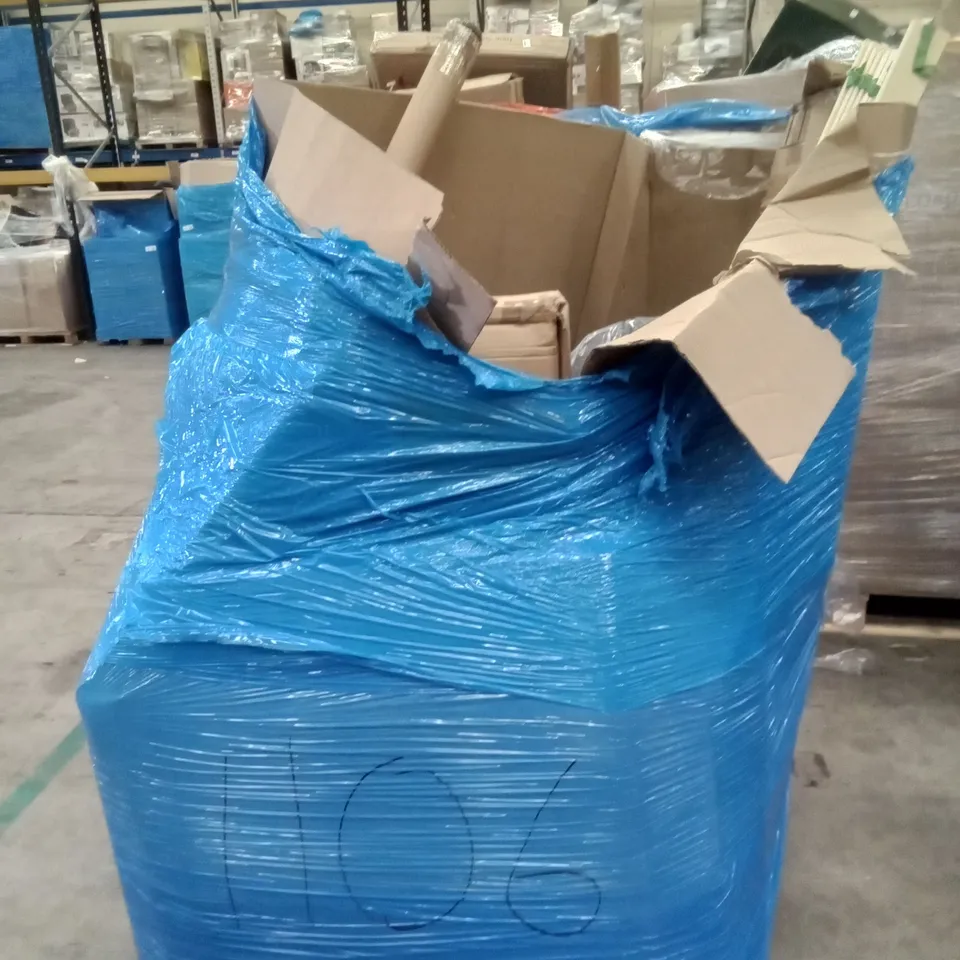 PALLET OF ASSORTED ITEMS INCLUDING CHANDELIER LIGHT, CHRISTMAS TREE TOPPER LIGHT, RACE LEAF SEAT CUSHIONS
