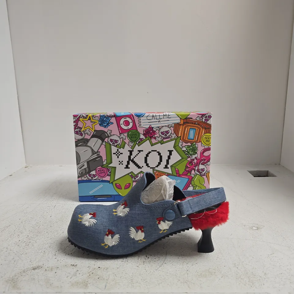 KOI CLUCK CLUCK CHICKEN MULES – DENIM, UK6