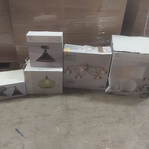 PALLET CONTAINING A VERY LARGE QUANTITY OF ASSORTED DESIGNER LIGHTING PRODUCTS TO INCLUDE: TABLE LAMP, CEILING LIGHTS, WALL LIGHT ECT
