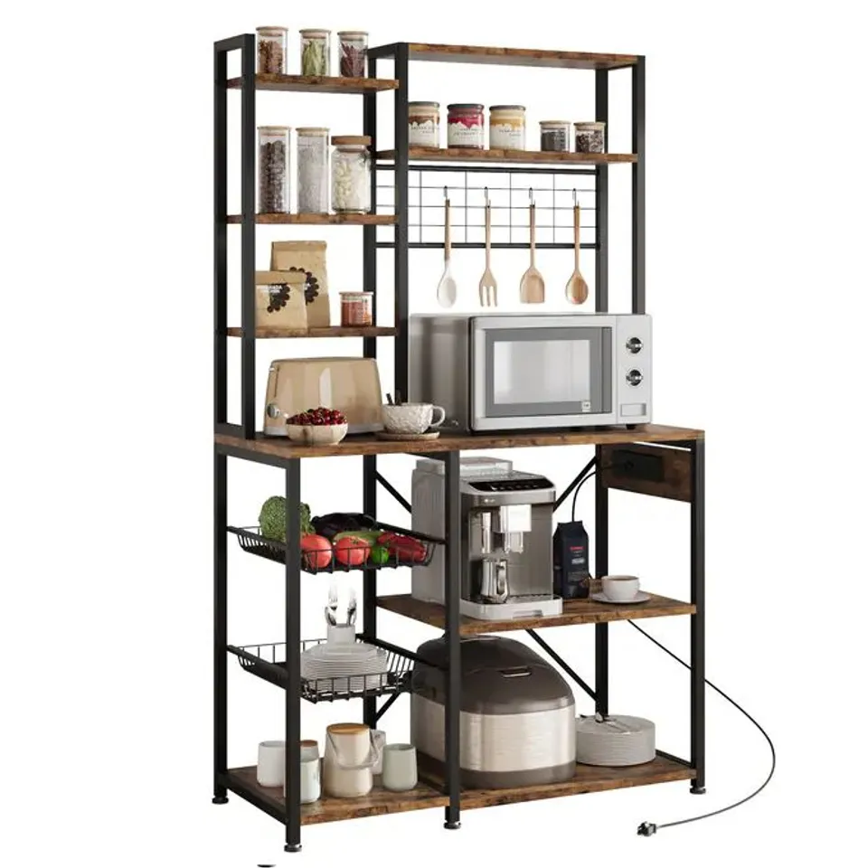 BOXED GARVEE BAKER RACK WITH POWER OUTLET, KITCHEN BAKERS RACK WITH 2 WIRE BASKET, MICROWAVE STAND WITH LARGE OPEN STORAGE SHELVES, 7-TIER FREESTANDING UTILITY STORAGE SHELF ( 1 BOX )