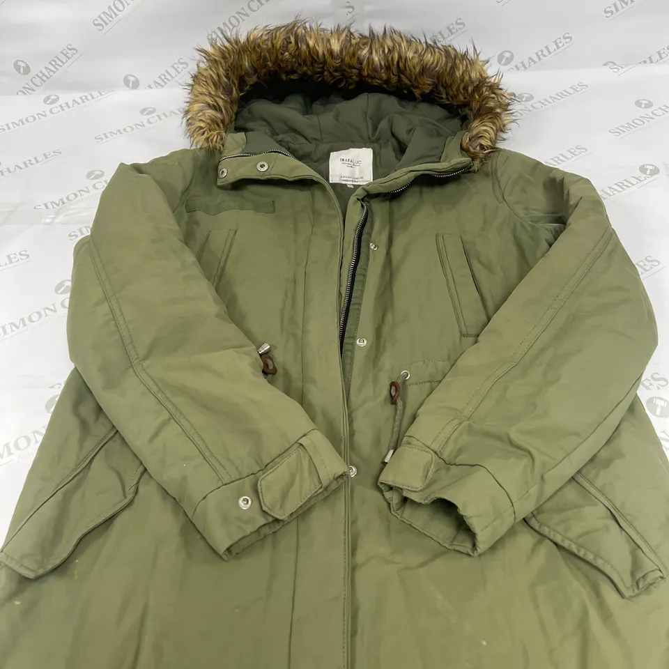 ZARA LONGLINE OVERSIZED COAT WITH FUR TRIM HOOD IN GREEN SIZE LARGE