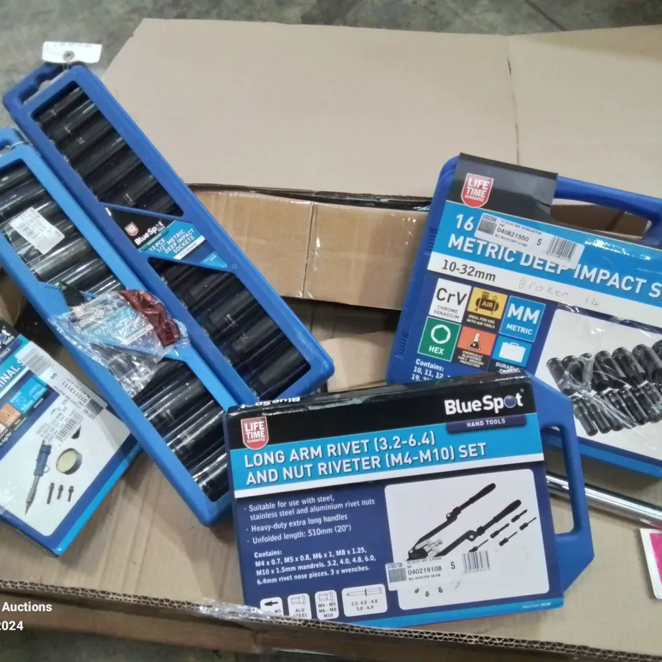 BOX CONTAINING MIXED TOOLS TO INCLUDE: BOXED BLUESPOT LONG ARM RIVET AND NUT RIVETER (M4-M10) SET,  16PC DEEP IMPACT SOCKET SET, 8 PC MICRO SOLDERING TERMINAL.