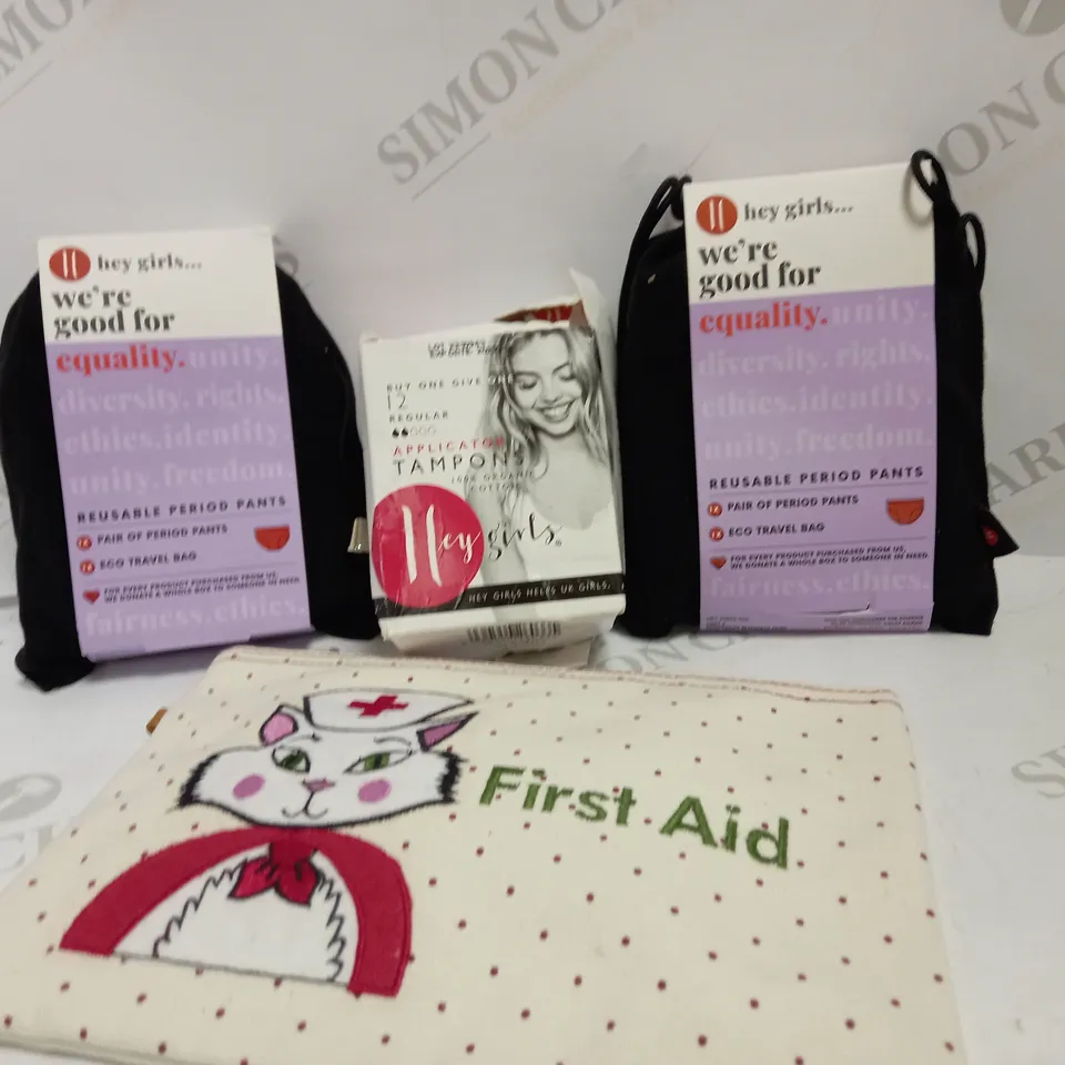 LOT OF APPROX 4 TO INCLUDE REUSABLE PERIOD PANTS , TAMPONS , FIRST AID BAG