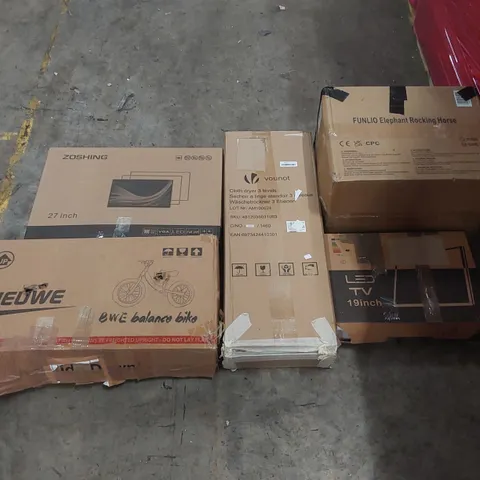 PALLET OF ASSORTED ITEMS INCLUDING: ROCKING HORSE, LED TVS/MONITORS, BALANCE BIKE, CLOTHES DRYER ECT
