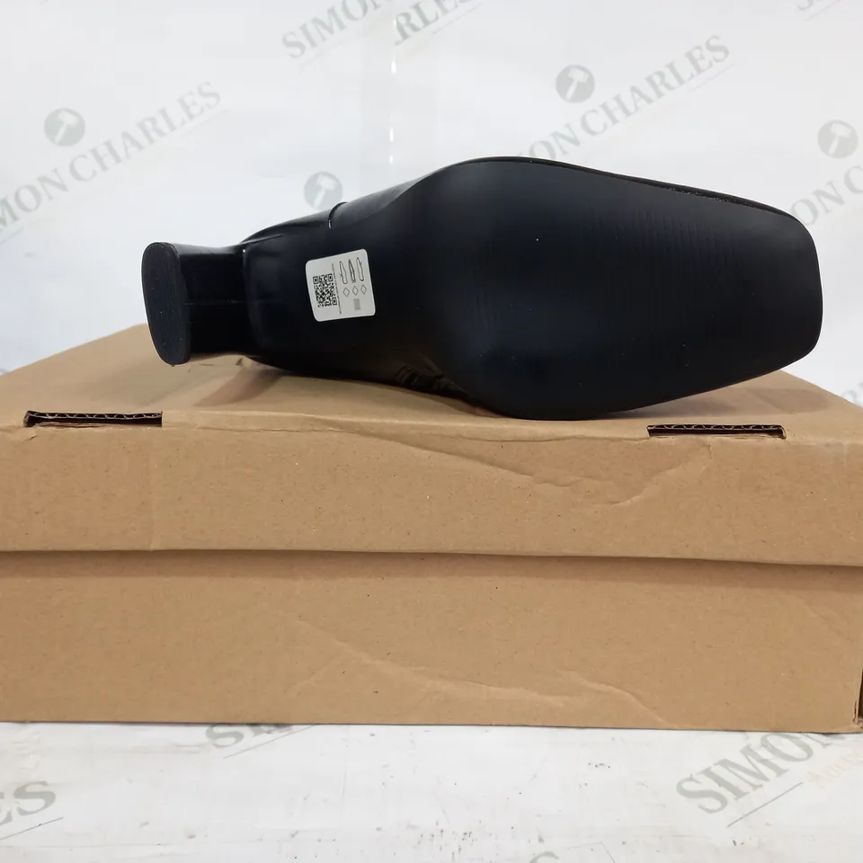 BOXED PAIR OF ASOS DESIGN EMBASSY HIGH HEELED ANKLE BOOTS IN BLACK UK SIZE 5