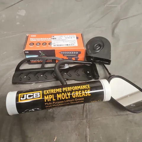 APPROXIMATELY 8 ASSORTED VEHICLE PARTS & ACCESSORIES TO INCLUDE JCB MPL MOLY GREASE, WING MIRROR, RECHARGEABLE HORN BICYCLE LIGHTS, ETC