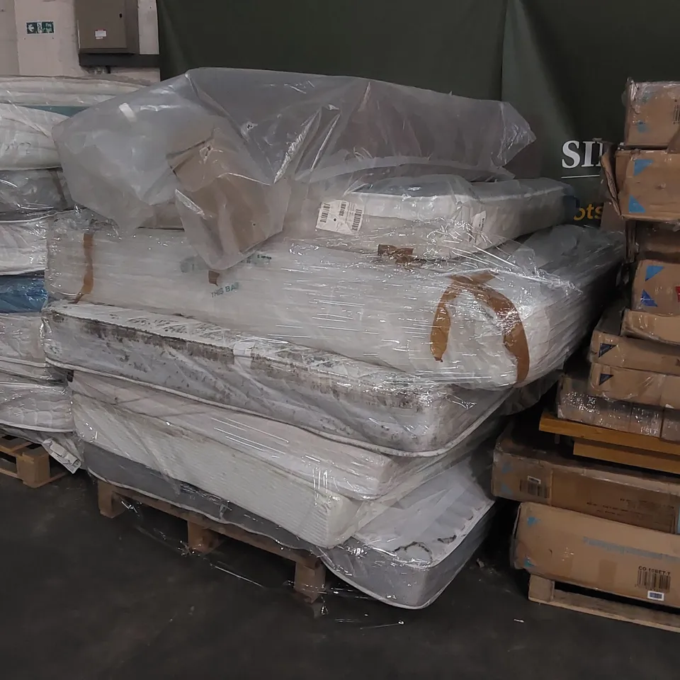 PALLET OF 6 MATTRESSES - ASSORTED SIZES, CONDITIONS, BRANDS AND 1 DIVAN BASE PART