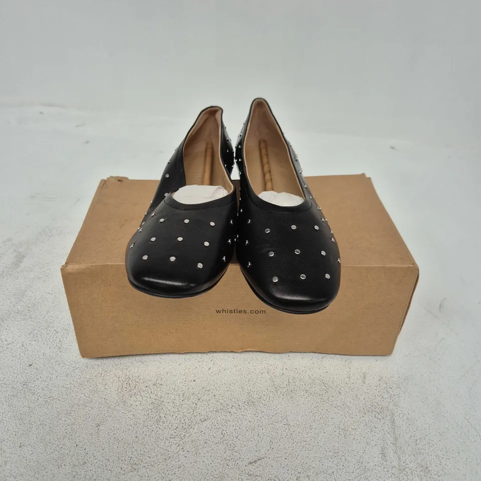 BOXED PAIR OF WHISTLES KARINA STUDDED BALLET PUMPS IN BLACK - UK 6