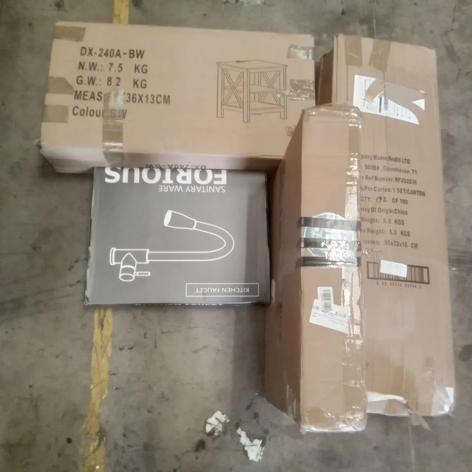 PALLET OF ASSORTED ITEMS INCLUDING KITCHEN FAUCET, KINGRACK METAL CLOTHES RACK, REDFIT GREENHOUSE, SIDE TABLE, OFFICE CHAIR  