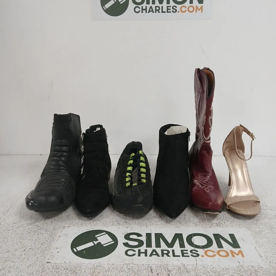 BOX OF APPROXIMATELY 15 ASSORTED SINGLE SHOES INCLUDING A DREAM PARIS HIGH HEEL, A RED BOOT AND A JD WILLIAMS HIGH HEEL BOOT