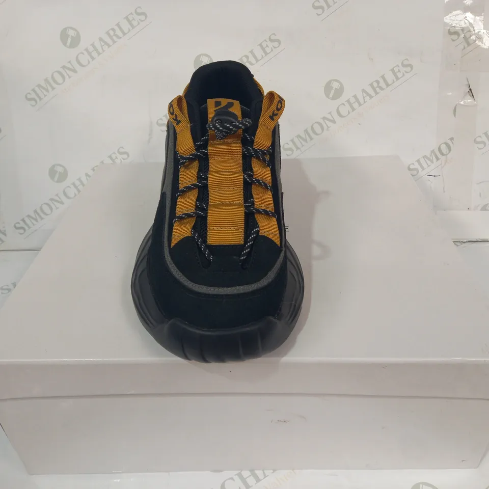 BOXED PAIR OF KOI VEGAN TRAINERS IN BLACK/GREY/YELLOW SIZE UNSPECIFIED
