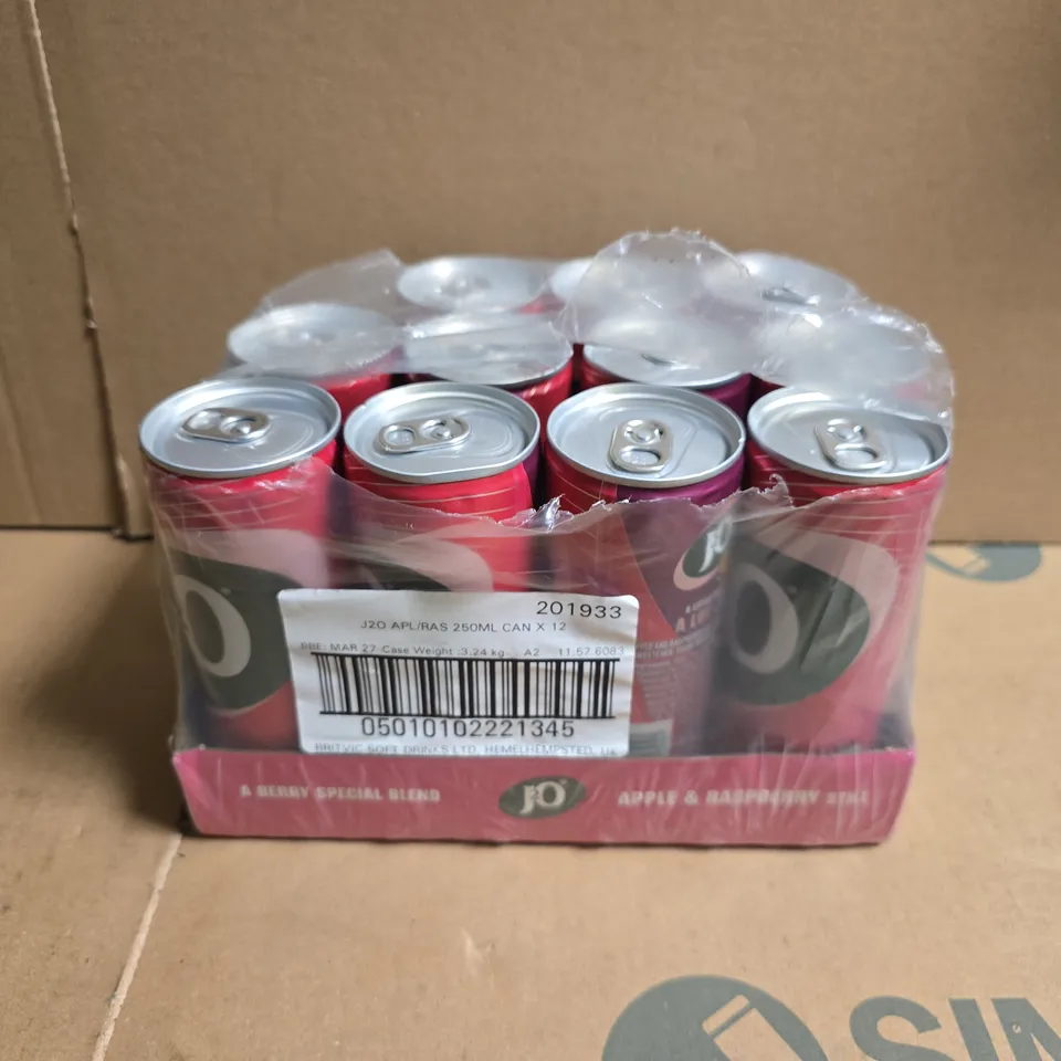 APPROXIMATELY 11 J2O FRUIT JUICE, APPLE AND RASPBERRY, 250ML CANS