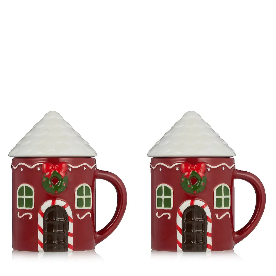 FESTIVE SET OF 2 CHRISTMAS MUGS WITH LID