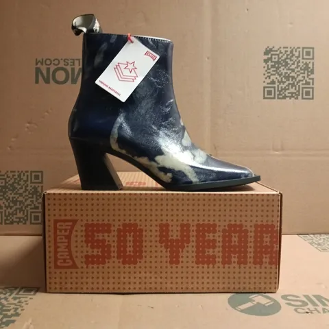 BOXED PAIR OF CAMPER SIDE-ZIP ANKLE BOOTS IN BLUE SIZE EU 38
