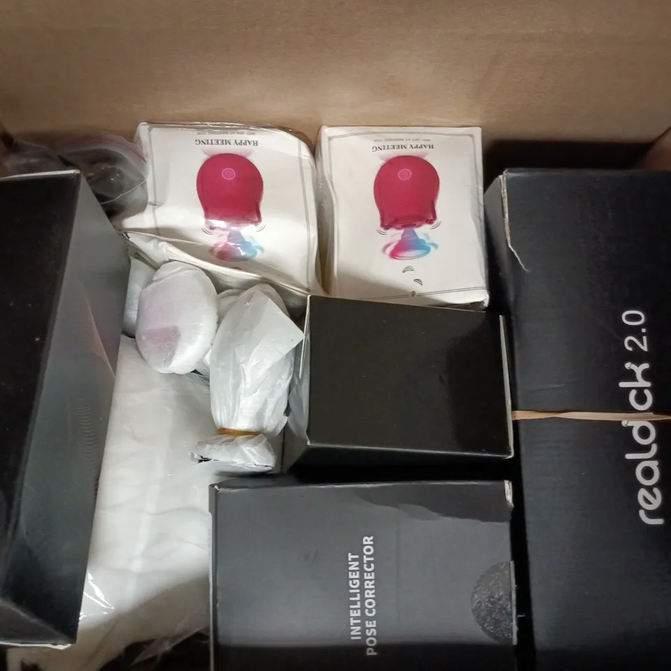 BOX OF APPROXIMATELY 10 ASSORTED ADULT ITEMS TO INCLUDE LEATHER FLOGGER WHIP, DAVID VIBRATOR, BACK DOOR ANAL LUBE, ETC